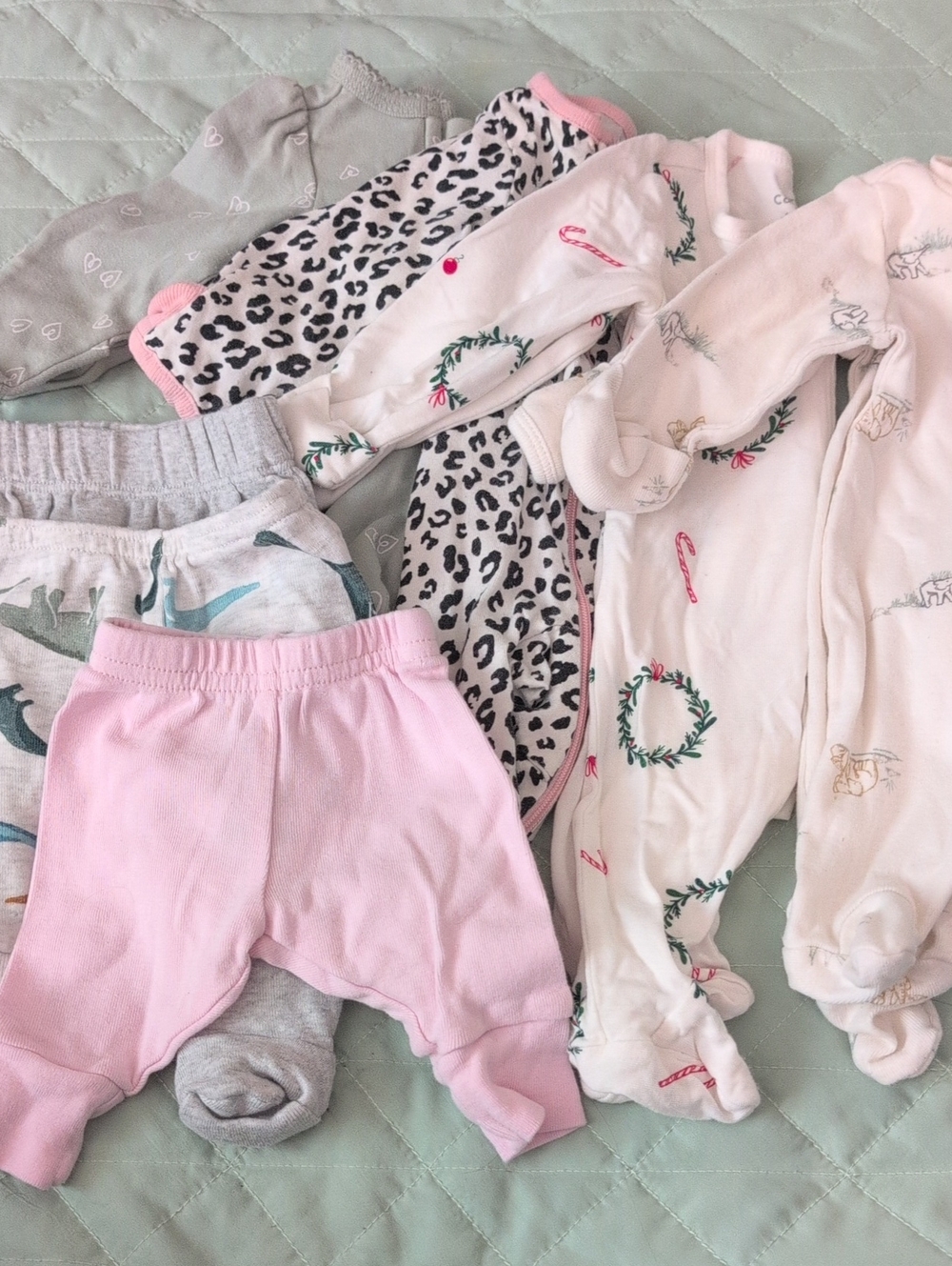 Lot Of 7 Preemie Baby Sleepers & Pants - Carter's, Gerber, & Honest.